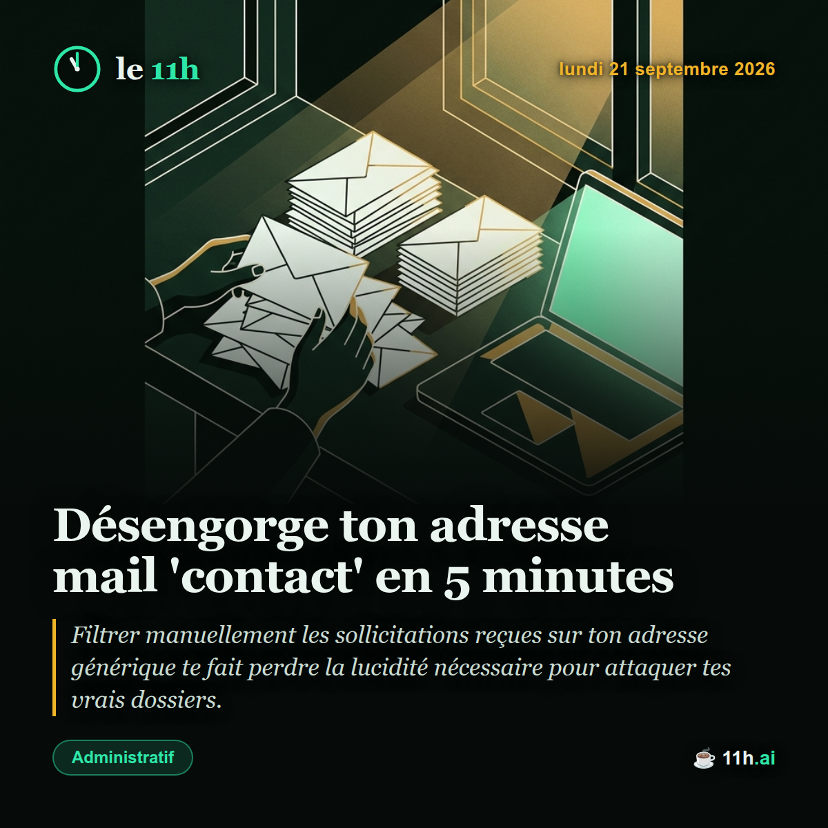 Désengorge ton adresse mail 'contact' en 5 minutes — le 11h du lundi 21 septembre 2026
